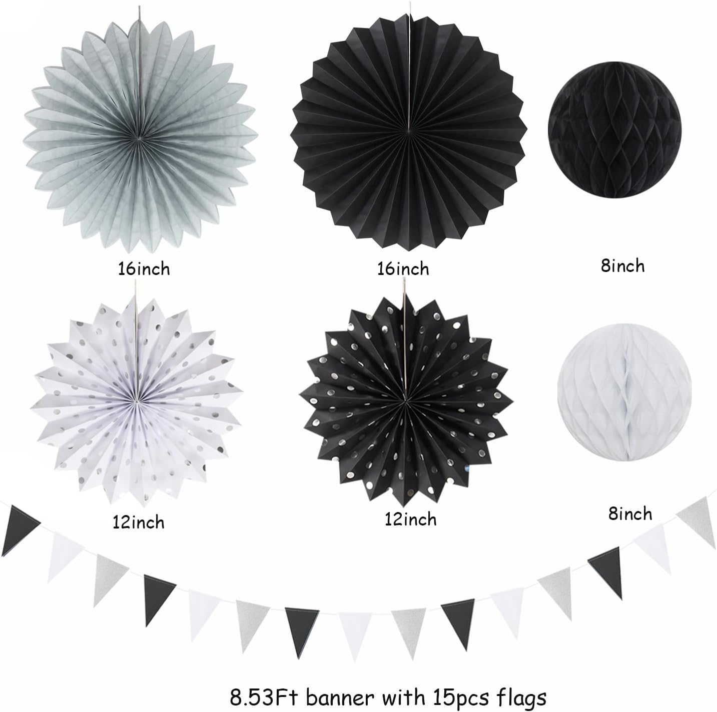 Black White Silver Party Decorations - 20pcs New Year Men Birthday Paper Lanterns Fans,Tissue Pom Poms,Honeycomb Balls,Bunting,Wedding Bachelorette Bridal Graduation Baby Decor Burgleda