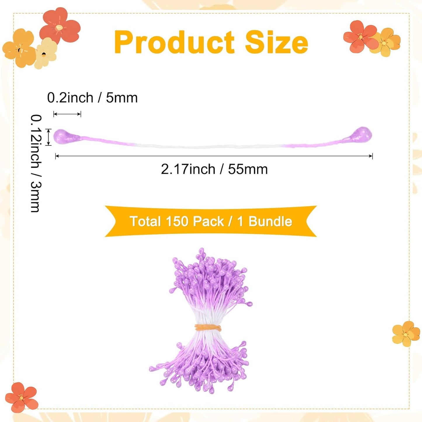 150-Pack Flower Stamens for Crafts, 5mm Double Heads Artificial Pearl Floral Pistil Mini Flower Pollens Stamens for DIY Making/Wedding/Scrapbook Decoration [Light Purple]