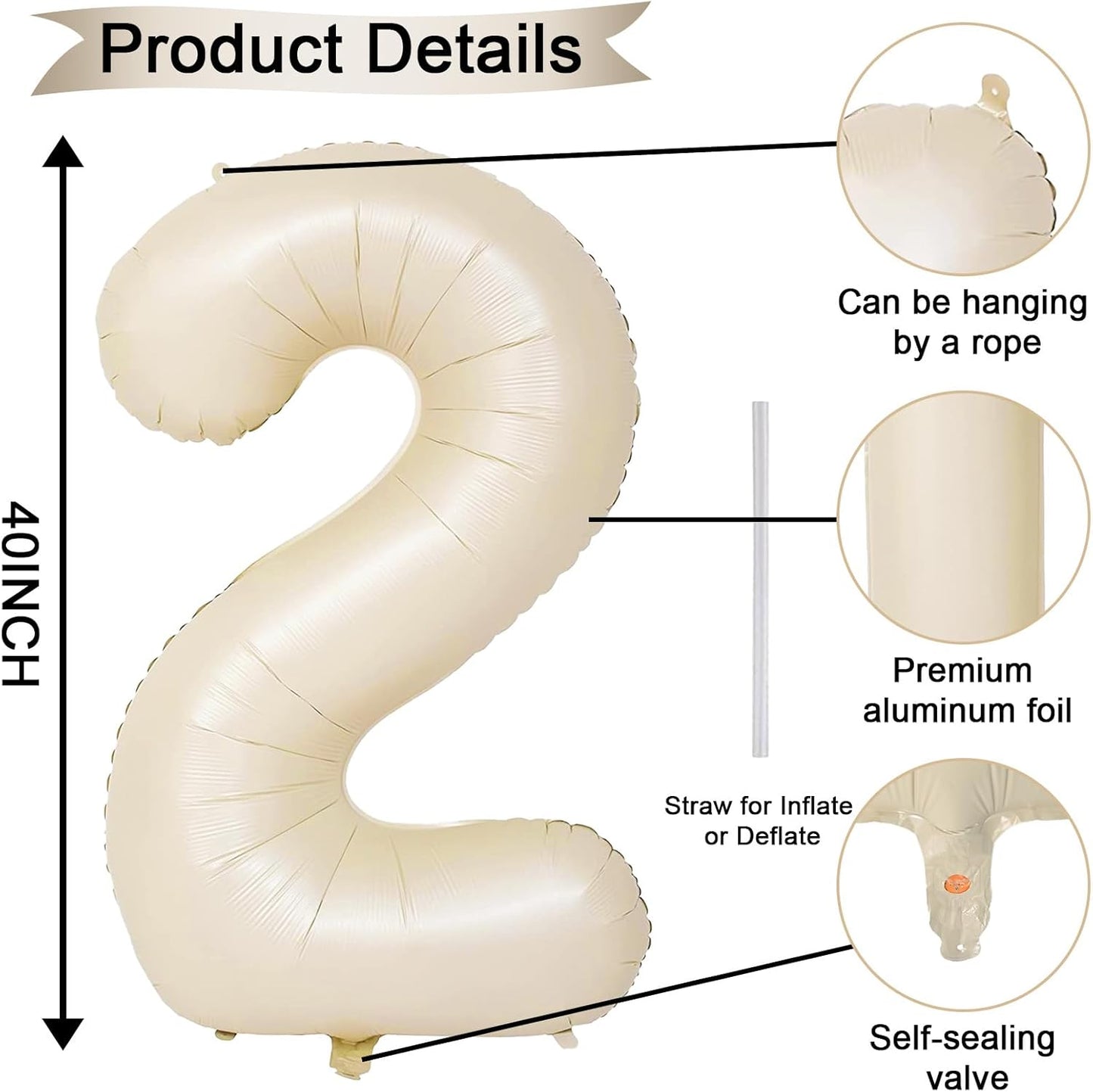 40 Inch Balloon Number 2 Beige, Large Foil Cream Number Balloons Set 0-9 for Men Women, Self Inflating Digital 2 Helium Balloons for Boys Girls 2nd Birthday Anniversary Baby Shower Party Decorations