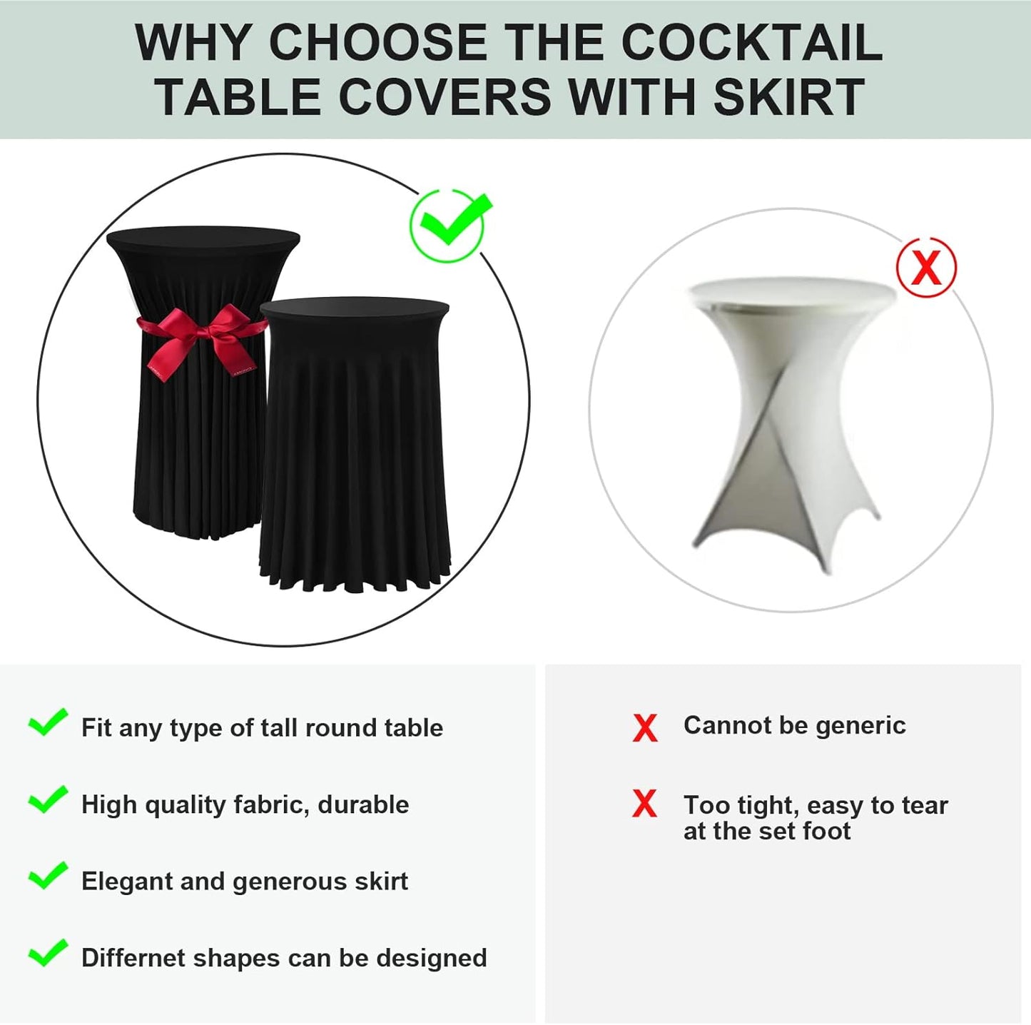 Cocktail Table Covers - 2 Pack 32"x 43" Black Cocktail Table Tablecloth with Natural Wavy Round Skirt for Bar Wedding Party Banquet