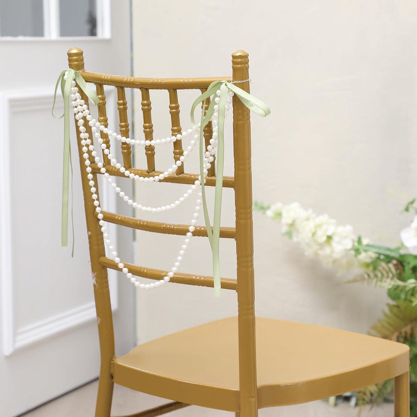 16 Pcs Wedding Pearl Bow Chair Decor Satin Ribbon Bows with Pearl Beaded String Garland Aisle Chair Sashes Decorations for Ceremony Coquette Party Banquet Decor (Sage Green)