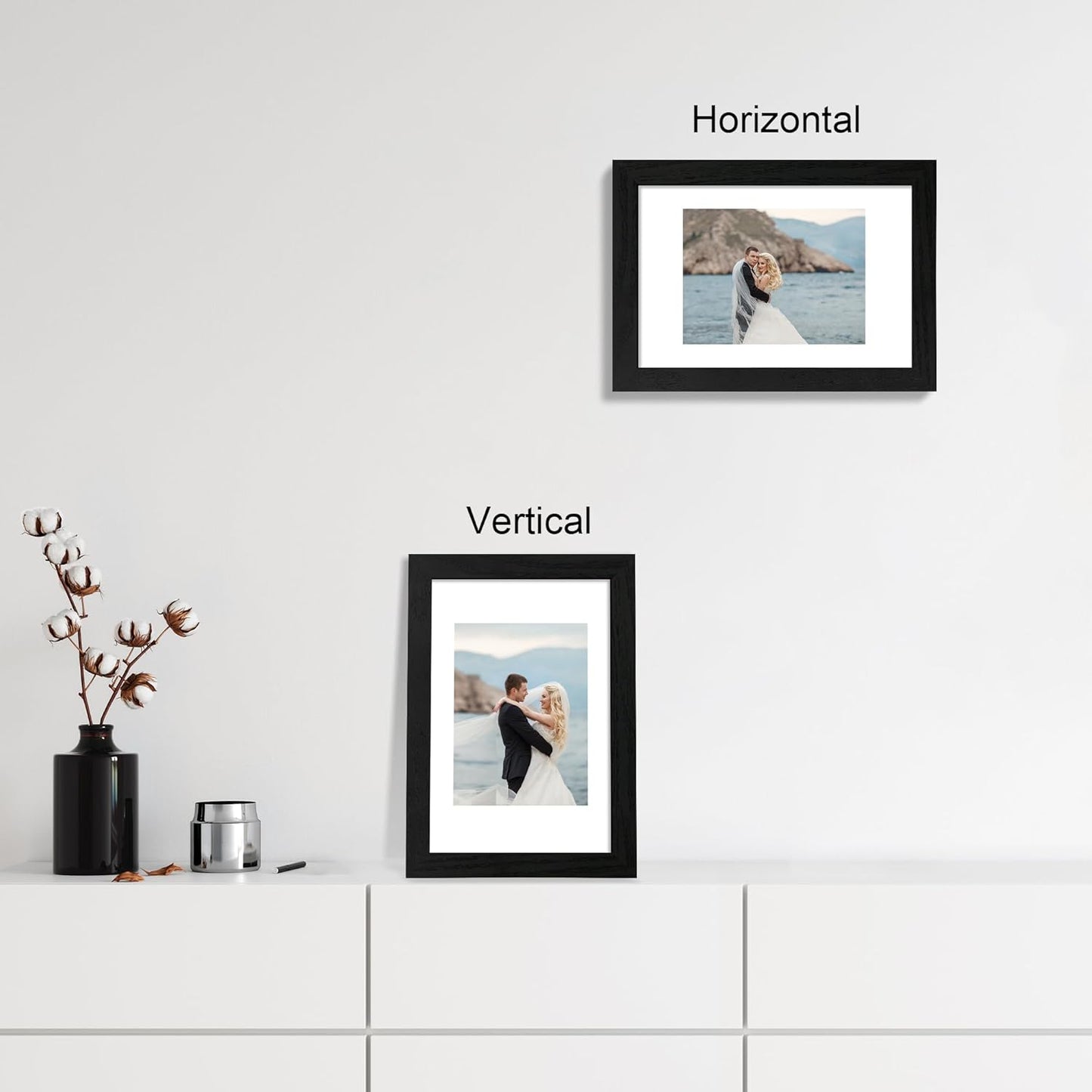 8x12 Picture Frame Set of 4 with HD Glass, Black Frame Display 6x8 Picture with Mat or 8 x 12 Without Mat, Wood Rustic Photo Frame for Tabletop and Wall Mounting