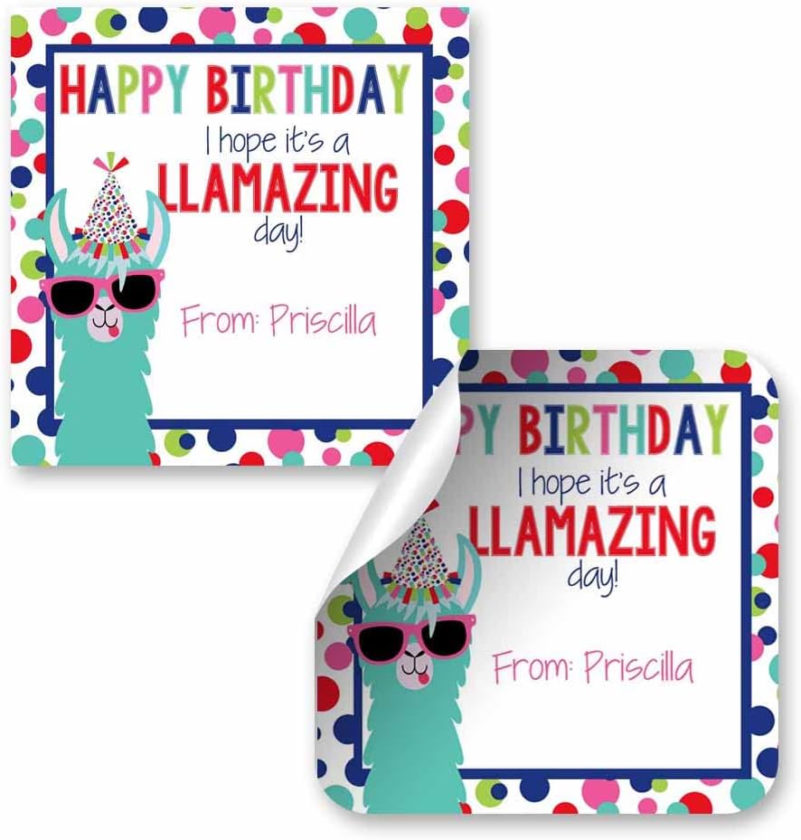 Custom & Personalized Llamazing Llama Happy Birthday Gift Tag Sticker Labels, 24 2.5" Square Stickers by Amanda Creation