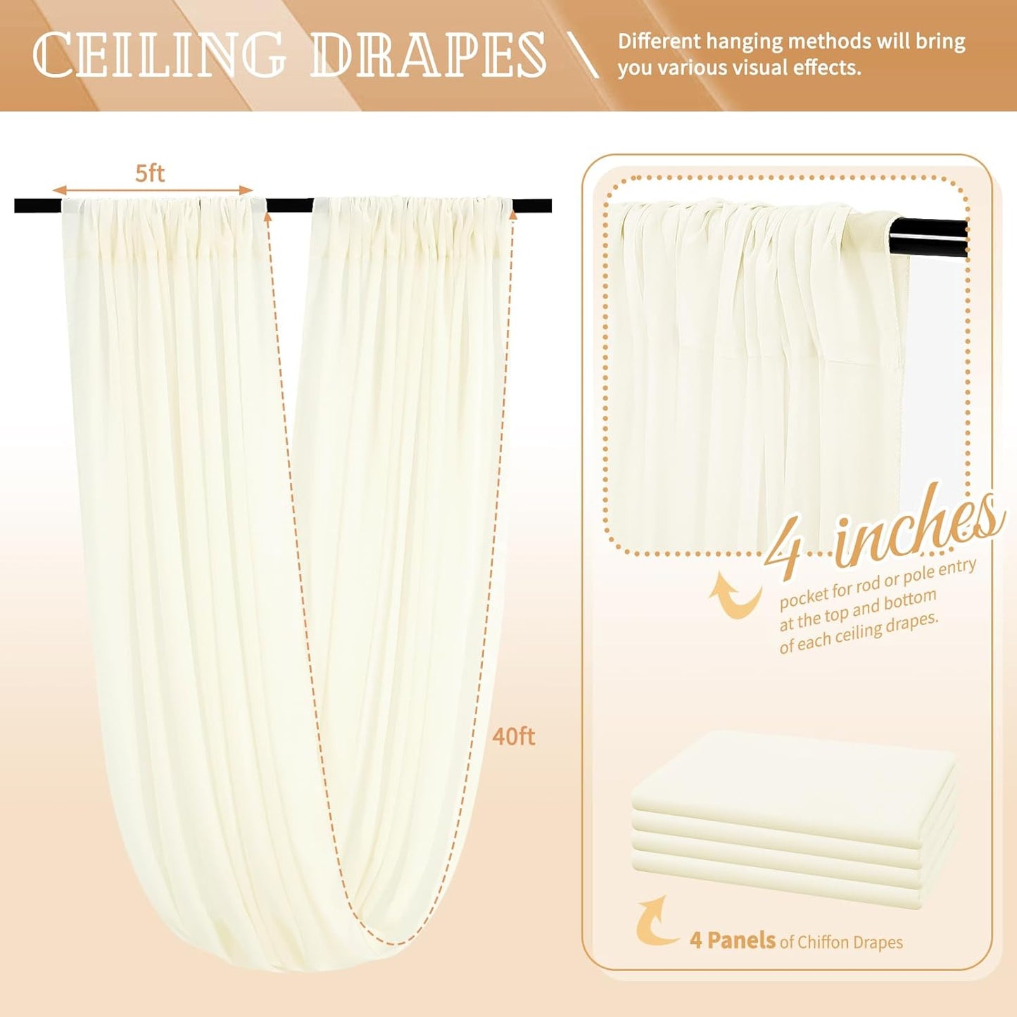 4 Panels Ivory Ceiling Drapes for Wedding 5ftx40ft Sheer Drapery Chiffon Fabric Arch Draping Curtains for Party Ceremony Birthday Baby Shower Reception Stage Ceiling Decorations