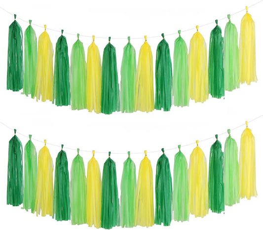 Green Light Green and Yellow Tassel Garland Banner Paper Tassels for Party Decorations,Pack of 15