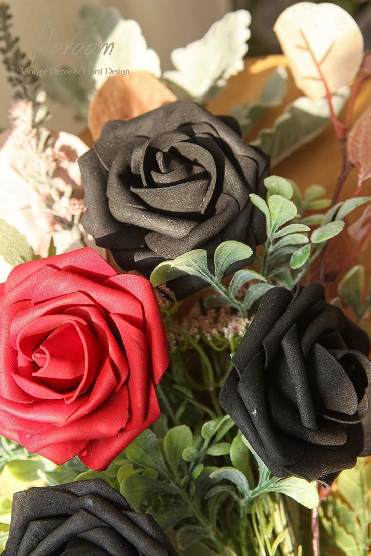 Floroom Artificial Flowers 25pcs Real Looking Black Foam Fake Roses with Stems for DIY Wedding Bouquets Centerpieces Arrangements Party Tables Home Halloween Decorations