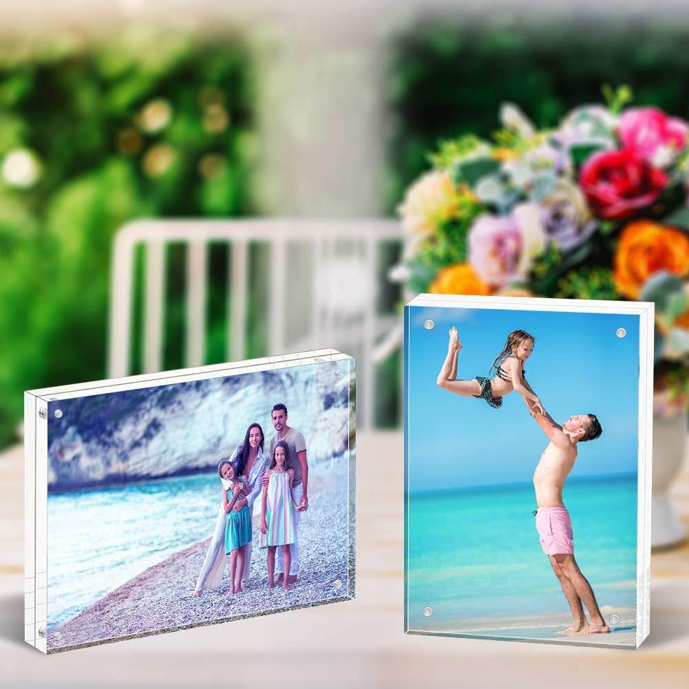 HELPLEX Acrylic Frames, 2 Pack 4x6, 20mm Thicker Frameless Clear Frame, Double Sided Magnetic, Free Standing Desktop Display