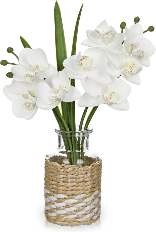 White Orchids Artificial Flowers with Vase, Small Faux Orchid Arrangement Fake Flower in Woven Glass Vase Small White Centerpieces for Kitchen Dining Room Tables Bathroom Nightstand Decor