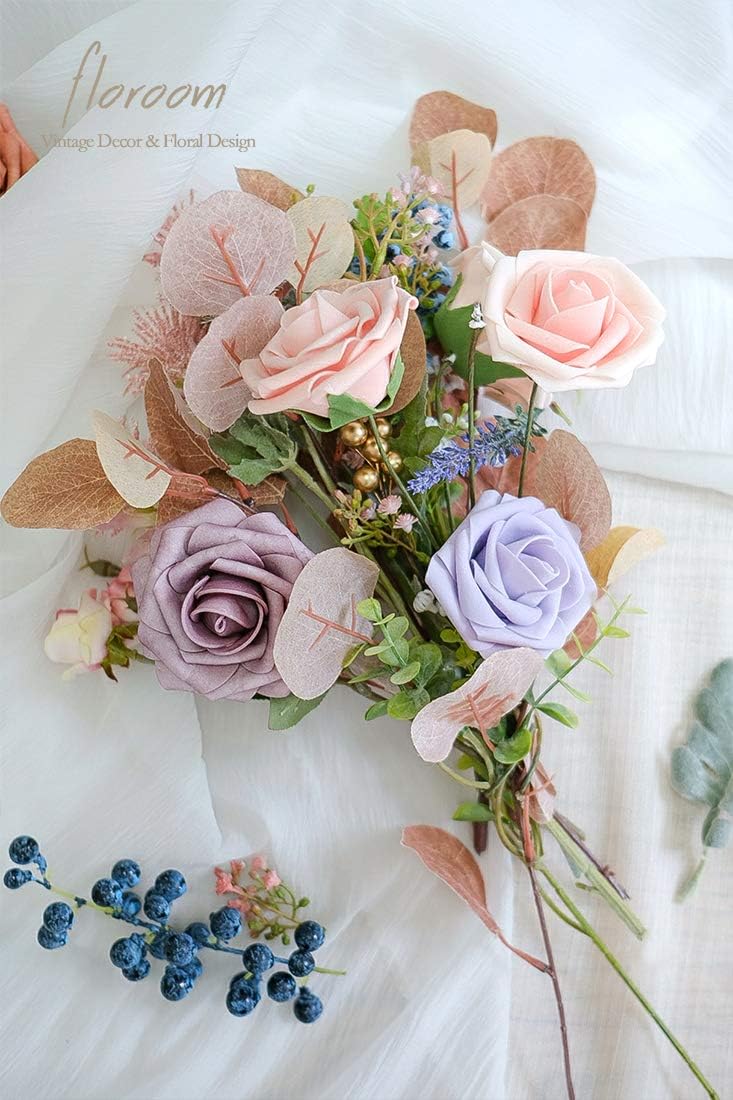 Floroom Artificial Flowers 50pcs Real Looking Blush Heirloom Foam Fake Roses with Stems for DIY Wedding Bouquets Pink Baby Shower Centerpieces Floral Arrangements Party Tables Home Decorations