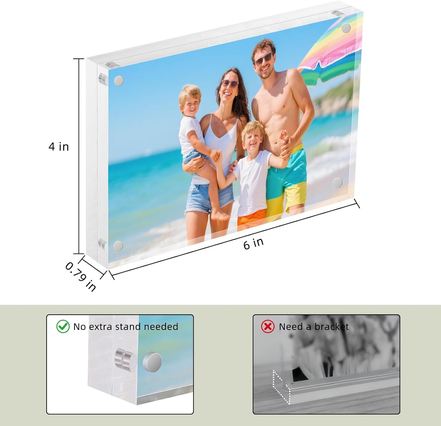 Magnetic Acrylic Picture Frame 4x6 (3-Pack) – Clear Lucite Double-Sided Frameless Photo Display 20mm Thick, UV Resistant with Strong Magnets for Home, Office, and Gift