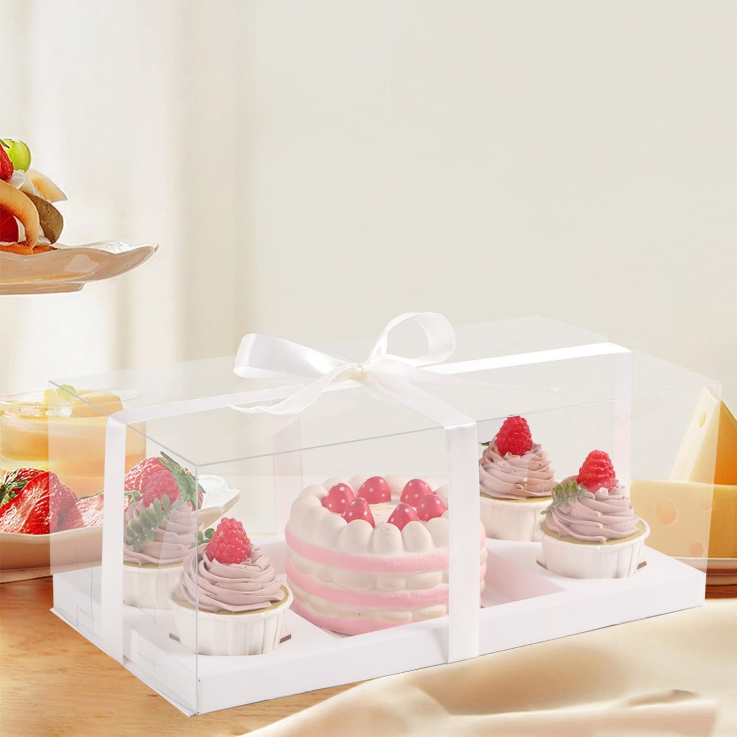JCD 9 Pcs Clear Cupcake Boxes Combo,Cakes and Cupcakes Box 1+4 Bento Box Clear Bento Cakes Boxes Fit 4 Cupcake and 1 Mini Cake for Valentine Wedding Birthday(1+4/9Pcs)