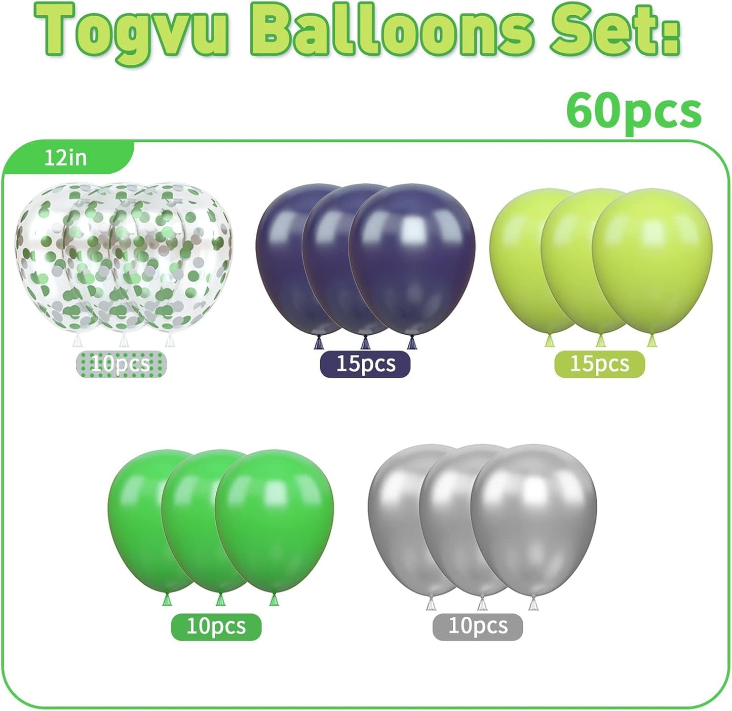 60 Pcs Navy Blue Matte Light Green Silver Latex Party Balloons with Green Silver Confetti for Birthday Party Decoration