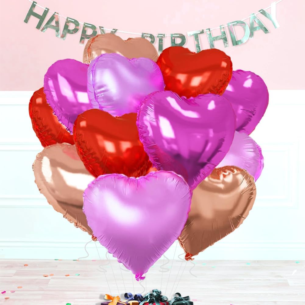 Rose Gold & Red Heart Balloons，18 Inch Purple Foil Love Heart Shaped Balloons for Bridal Wedding Engagement Party Anniversary Birthday Baby Shower Valentines Decorations 12Pcs