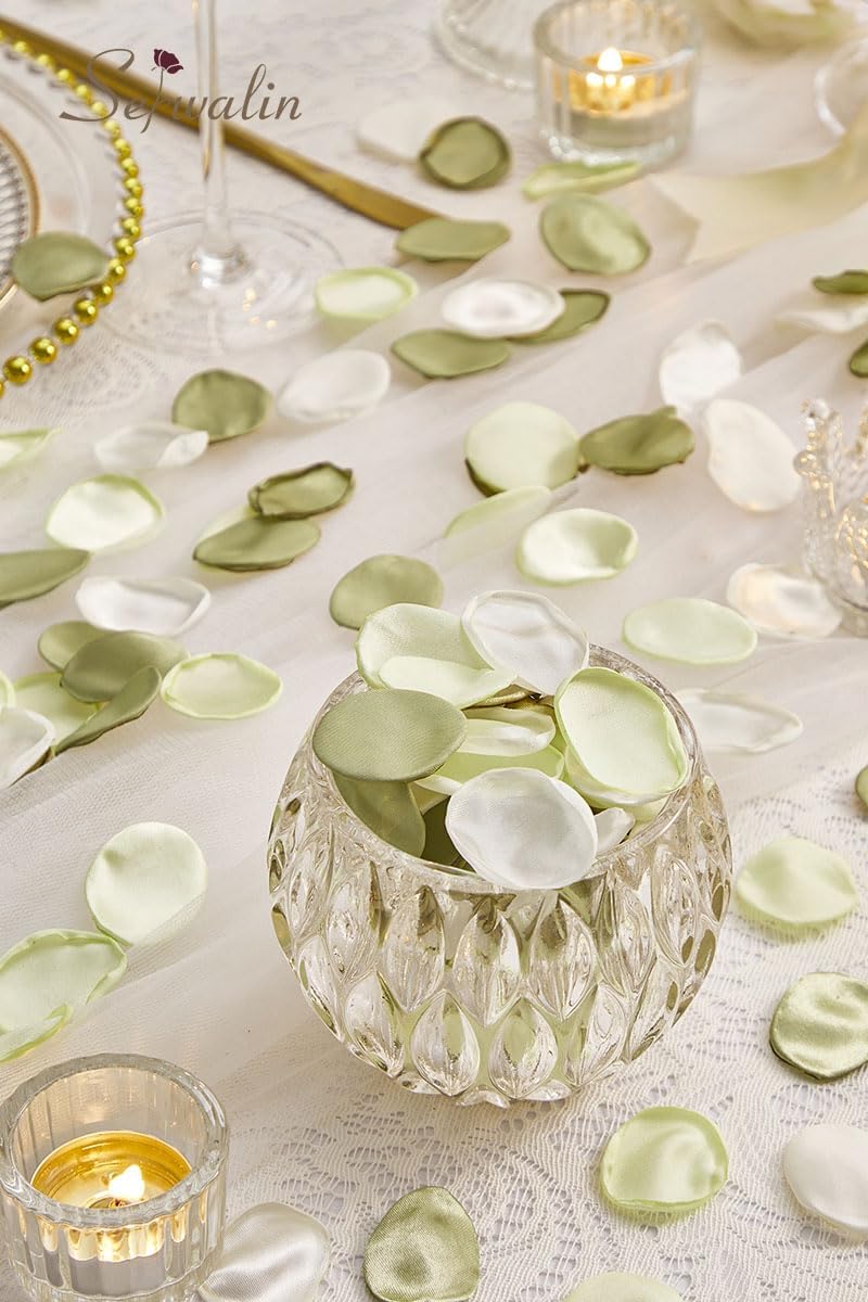 Serwalin 300Pcs Silk Rose Petals Artificial Flower Petals for Weddings Bean Green Fake Rose Petals Flower Girl Aisle Romantic Decor Dinner Table Centerpieces Proposal (3 Color Mixes)