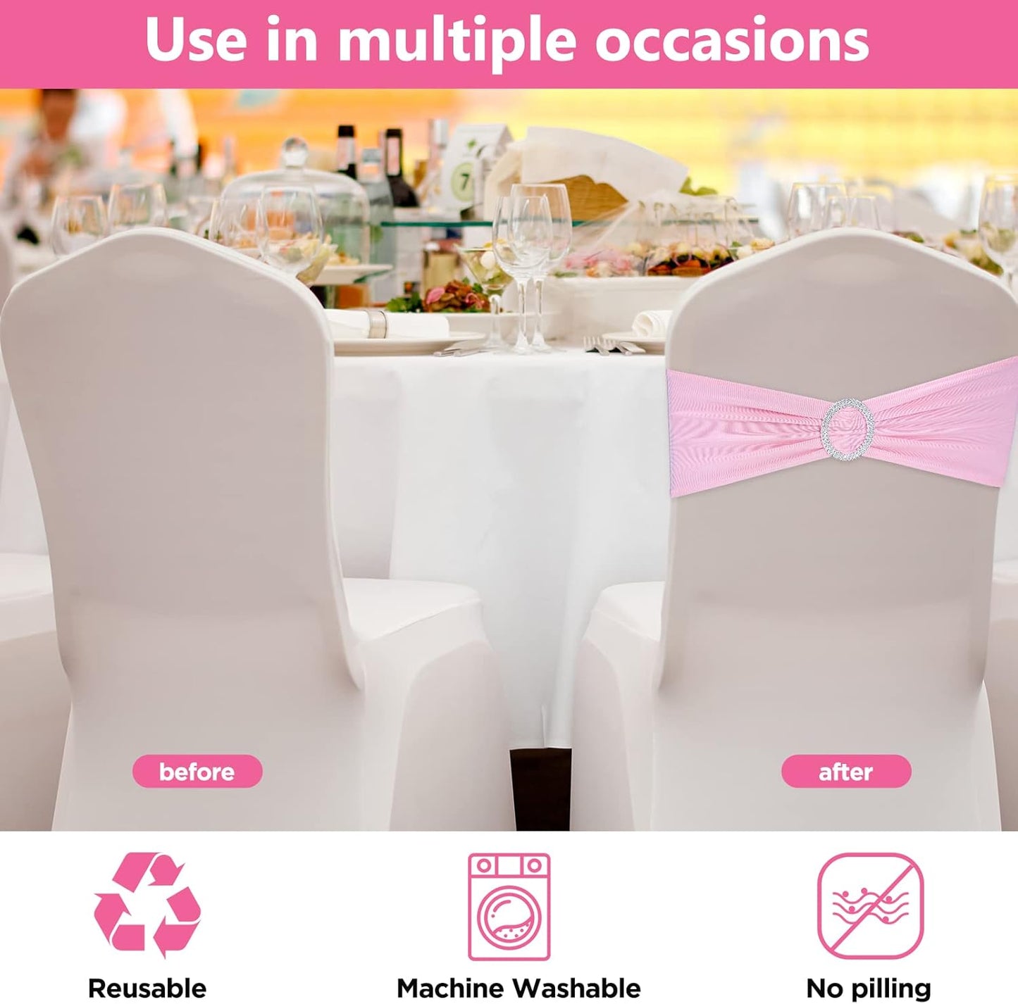 CHENGU 150 Pieces Spandex Stretch Chair Sashes Bows Elastic Chair Cover Bands Ties with Buckle Slider for Wedding Party Reception Events Universal Ceremony Banquet Decorations (Pink)