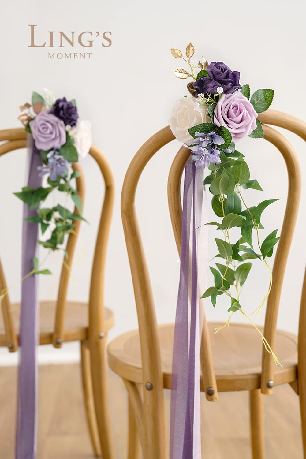 Ling's moment 8pcs Wedding Artificial Aisle Pew Flowers Chair Decorations Arrangements with Chiffon Ribbons Lilac Purple Gold for Ceremony Chair Back Floral Decor Reception Church Party Outdoor