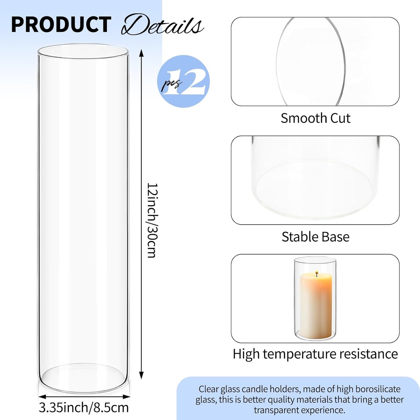 12Pack Glass Cylinder Vases for Centerpieces - 12 Inch Tall Flower Vase for Wedding Decorations, Floating Candle Holder Vase Bulk,Glass Hurricane Candle Holders for Table Shelf, Party, Home Decor
