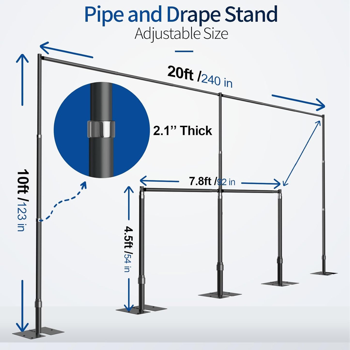 Pipe and Drape Backdrop Stand, 20x10ft Heavy Duty Adjustable Background Frame with Metal Base, Back Drop Holder for Parties Photography Wedding Photoshoot Decoration - Black