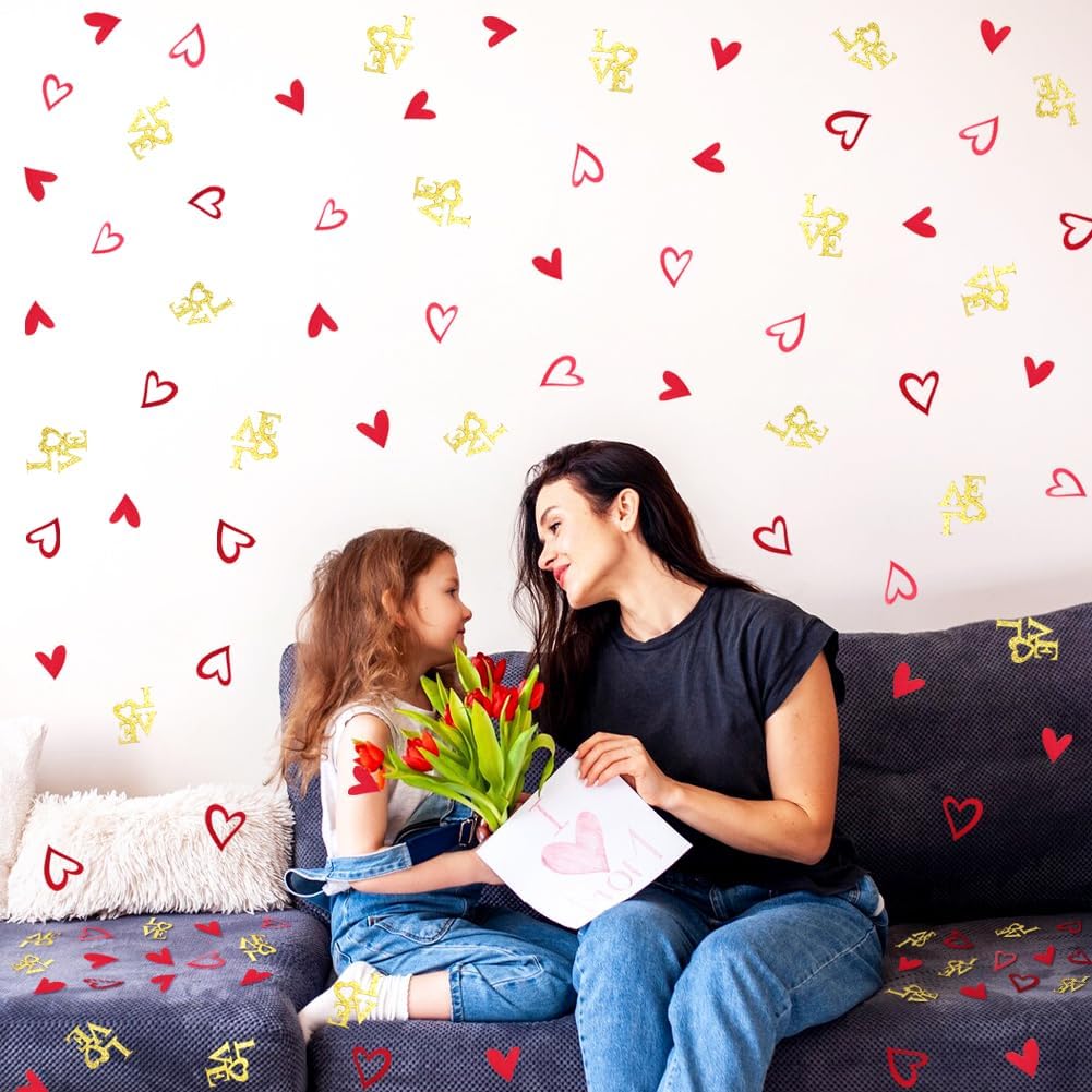 200 Pcs Heart and Love Decorations, Red and Gold Glitter Letter Confetti, Bed Table Scatter Sprinkles for Valentine's Day, Mother's Day, Wedding, Engagement Party Supplies