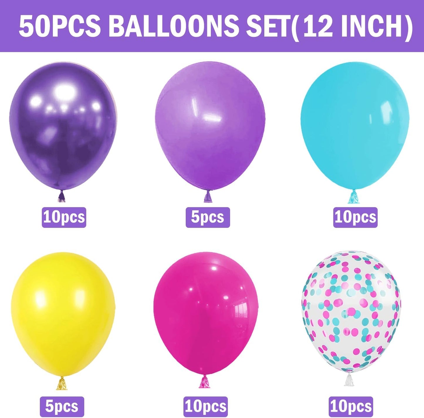Pink Blue Purple Balloons, 50 Pcs 12 Inches Hot Pink Metallic Purple Teal Yellow Balloons Confetti Balloons for Birthday Kids Theme Decoration Brida Shower Engagement Party Supplies