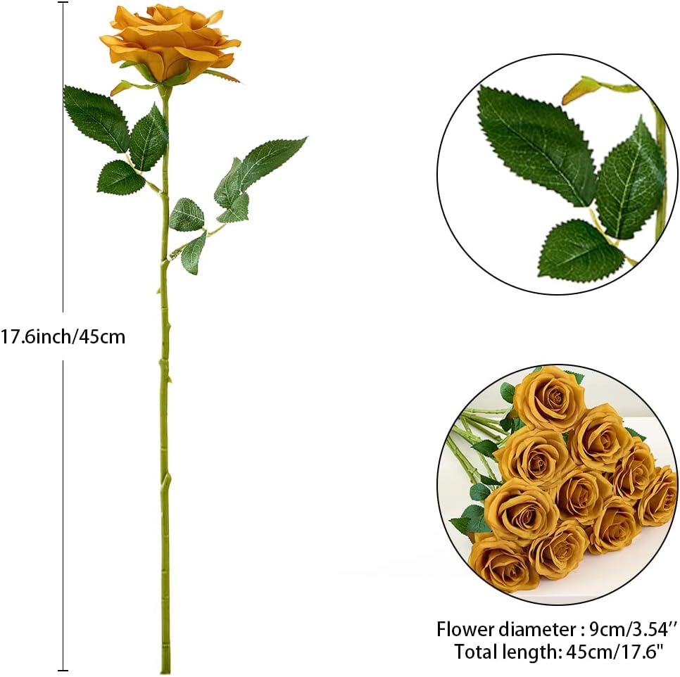 Artificial Rose 10pcs Open Flower Bouquet Faux Rose Stems for Wedding Arrangement, Bridal Bouquet, Centerpiece, Fake Faux Silk Flowers (Mustard Yellow)