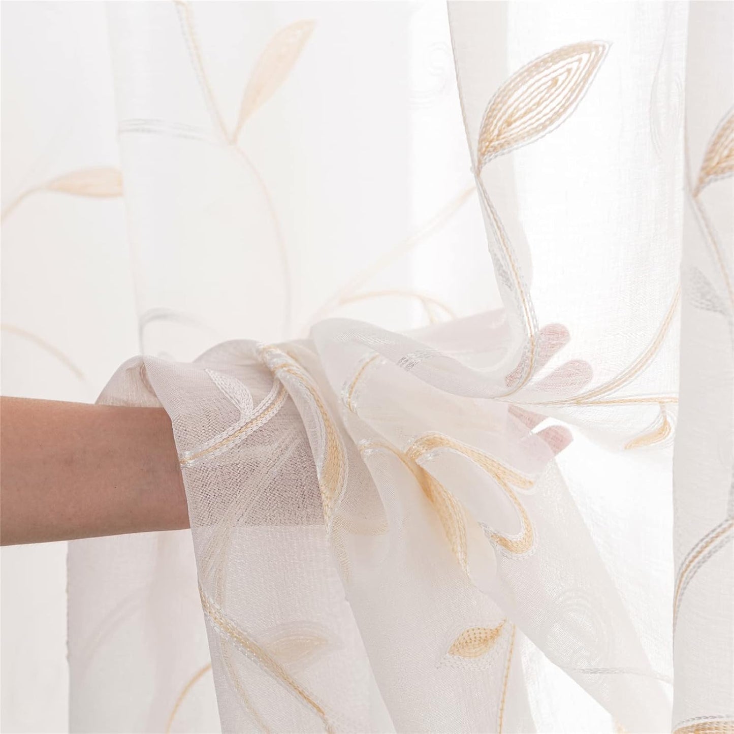 VISIONTEX White Sheer Voile Curtains, Decorative Beige Leaves Embroidery Faux Linen Rod Pocket Window Drapes for Home Kitchen, Living Room and Bedroom 54 x 108 Inch, Set of 2 Curtain Panels