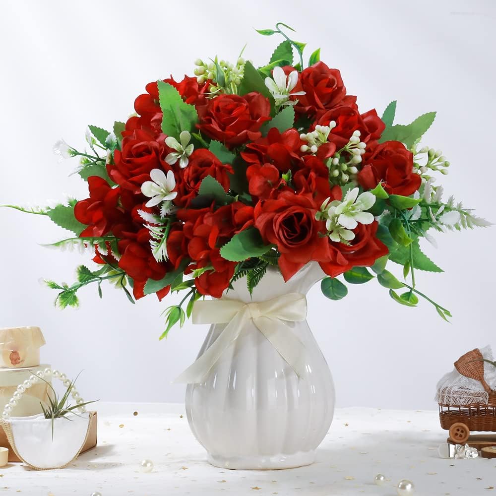 LESING Artificial Rose Silk Hydrangea Flowers Bouquets with Vase Rustic Fake Flowers for Home Decoration Table Centerpiece (Claret Red)