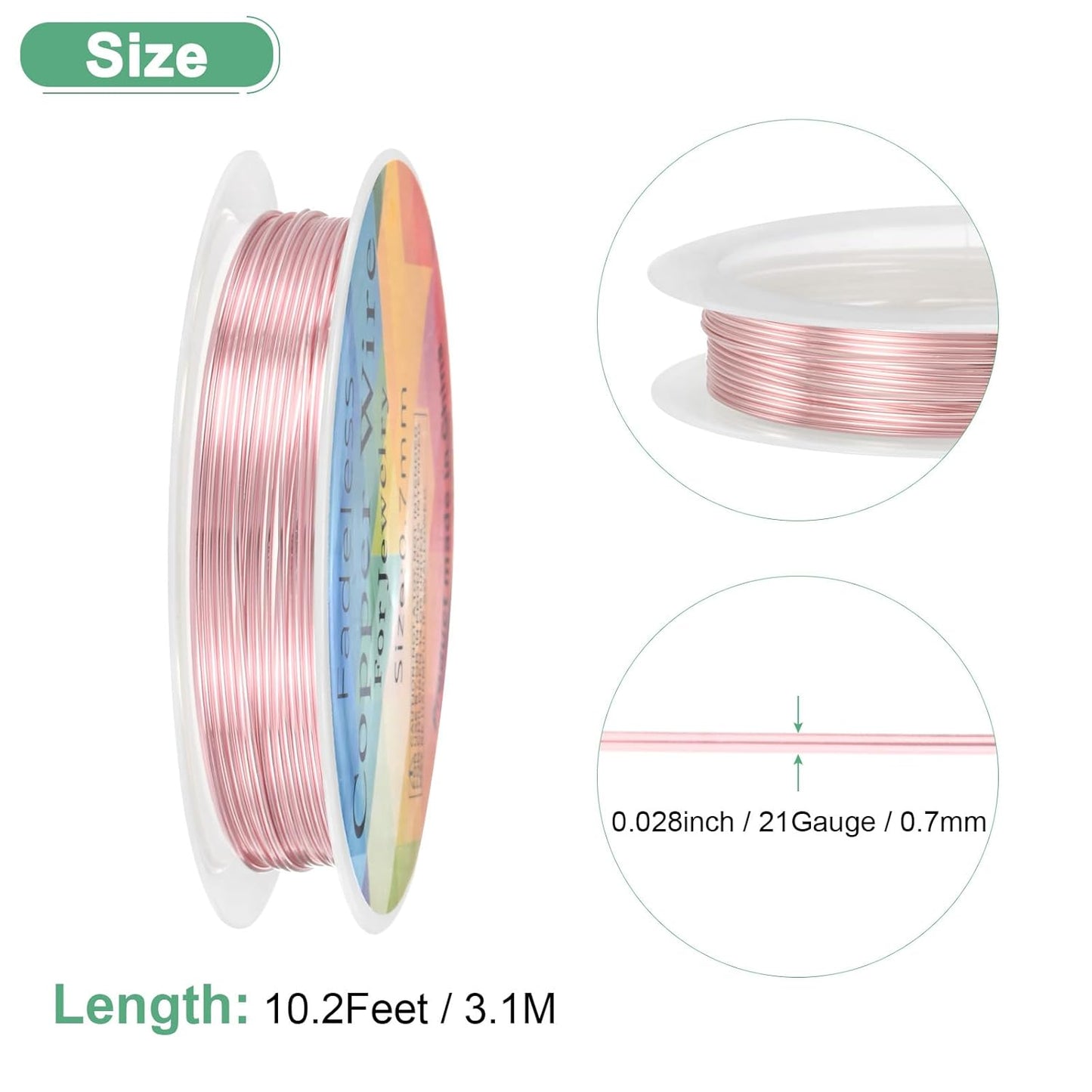0.7 mm/21 Gauge Copper Wire for Jewelry Making, 10.2FT Copper Beading Craft Wire for Jewelry/Weaving/DIY Crafting/Planting, Color-Retaining [3.1M, Rose Gold]