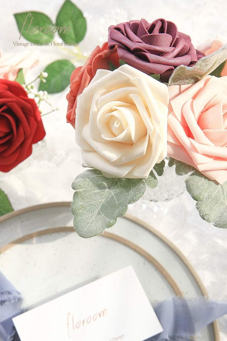 Floroom Artificial Flowers 25pcs Real Looking Champagne Foam Fake Roses with Stems for DIY Wedding Bouquets Bridal Shower Centerpieces Floral Arrangements Party Tables Home Decorations