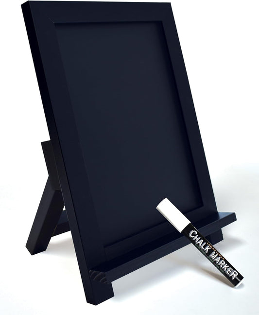 Framed Tabletop Chalkboard Sign, 9.5" x 14", Rustic Wood Frame, Small Magnetic Chalkboard with Built-in Ledge, Folding Stand, & One White Chalk Marker, by Better Office Products (Solid Black)