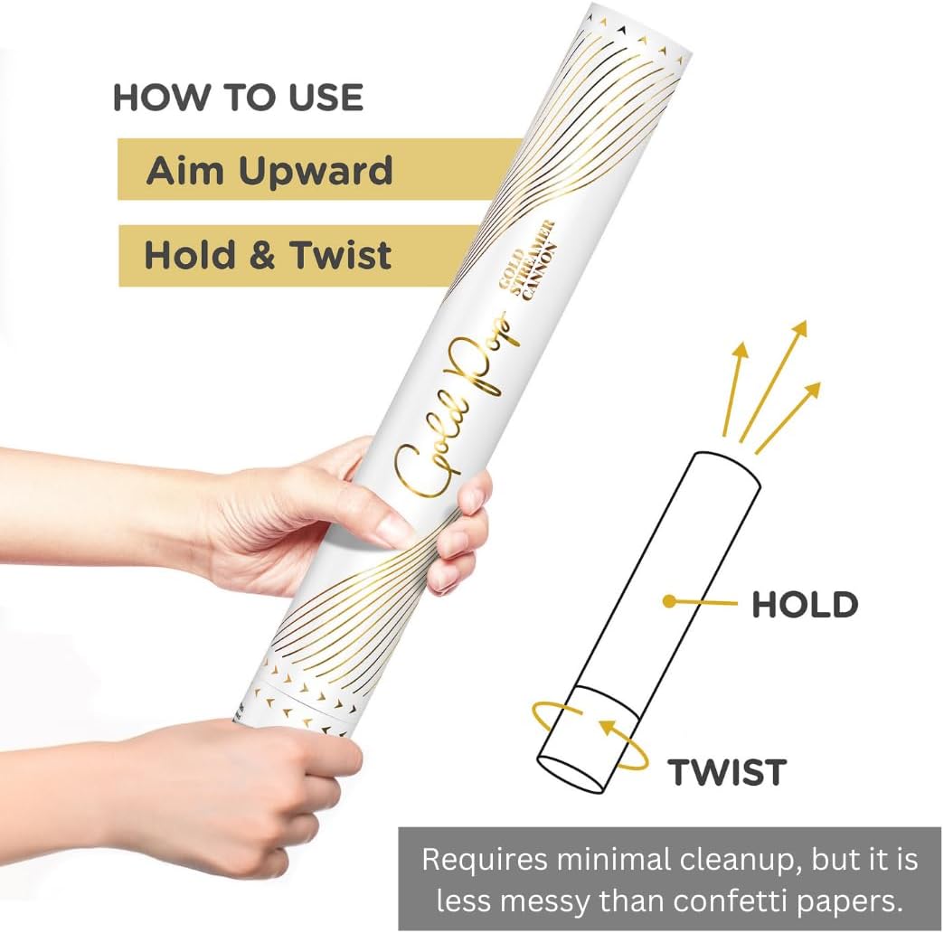 GOLD Streamers Confetti Cannon - 16" GOLD Streamers Party Poppers, Confetti Shooters/Glitter/Bomb, Streamer Poppers No Mess, Wedding Confetti Send Off, Loud POP, Shoot Up to 40ft