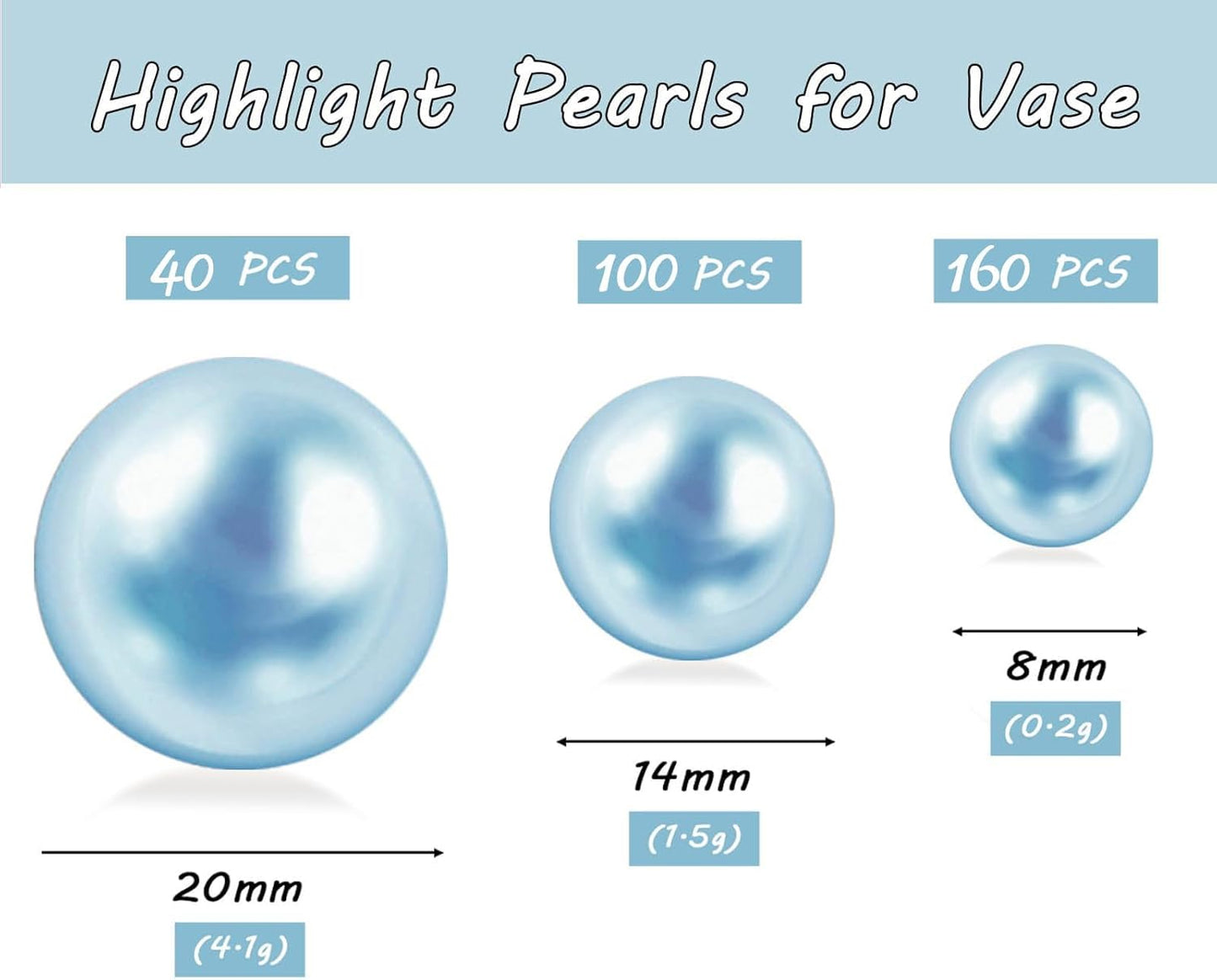 300Pcs Light Blue Polished No Hole Faux Pearl Beads for Vase Filling Decorations, Plastic Pearls Vase Fillers, Table Scatters, Wedding Centerpiece, Home Decor, 8/14/20 mm