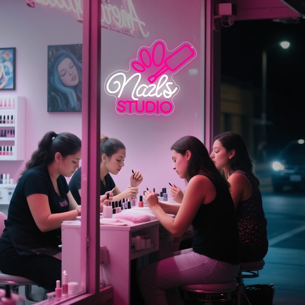Nail Room Neon Sign,Pink Nails Studio LED Light for Wall Art Decor,Backdrop for Business Lash Salon Beauty Room Bar,Pink Dimmable Light Up Signs Gift for Girls Women Nail Tech USB Powered（14.2"*11.8"）