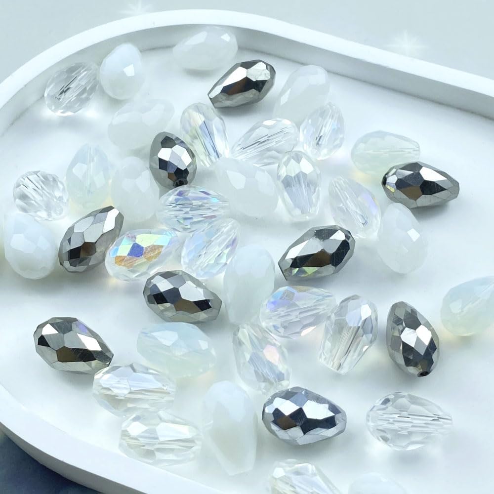 200pcs 4x6mm Teardrop Crystal Glass Beads Vertical Hole Faceted Loose Spacer Beads for DIY Craft Jewelry Making Necklace Bracelet Earring Wind Chimes(White Series)