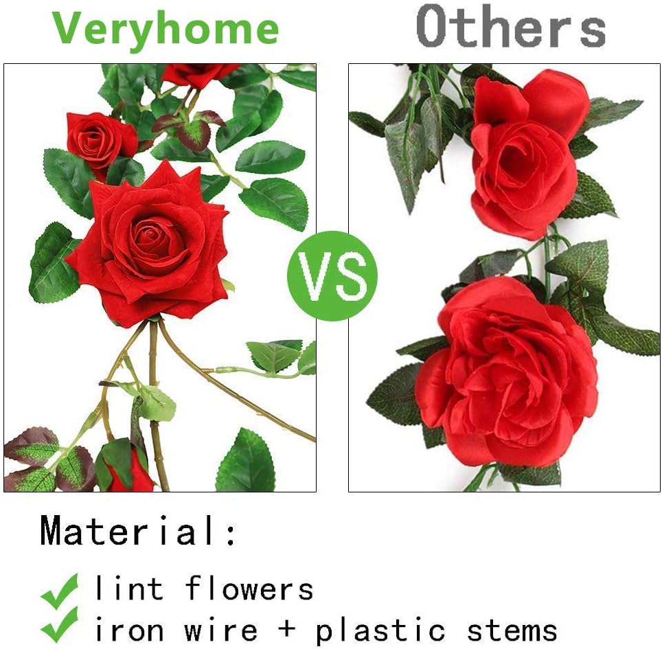Veryhome Rose Vine Artificial Flower Garland Fake Hanging Rose Ivy Plants 6ft for Wedding Home Party Garden Arrangement Decor Pack of One (Red)