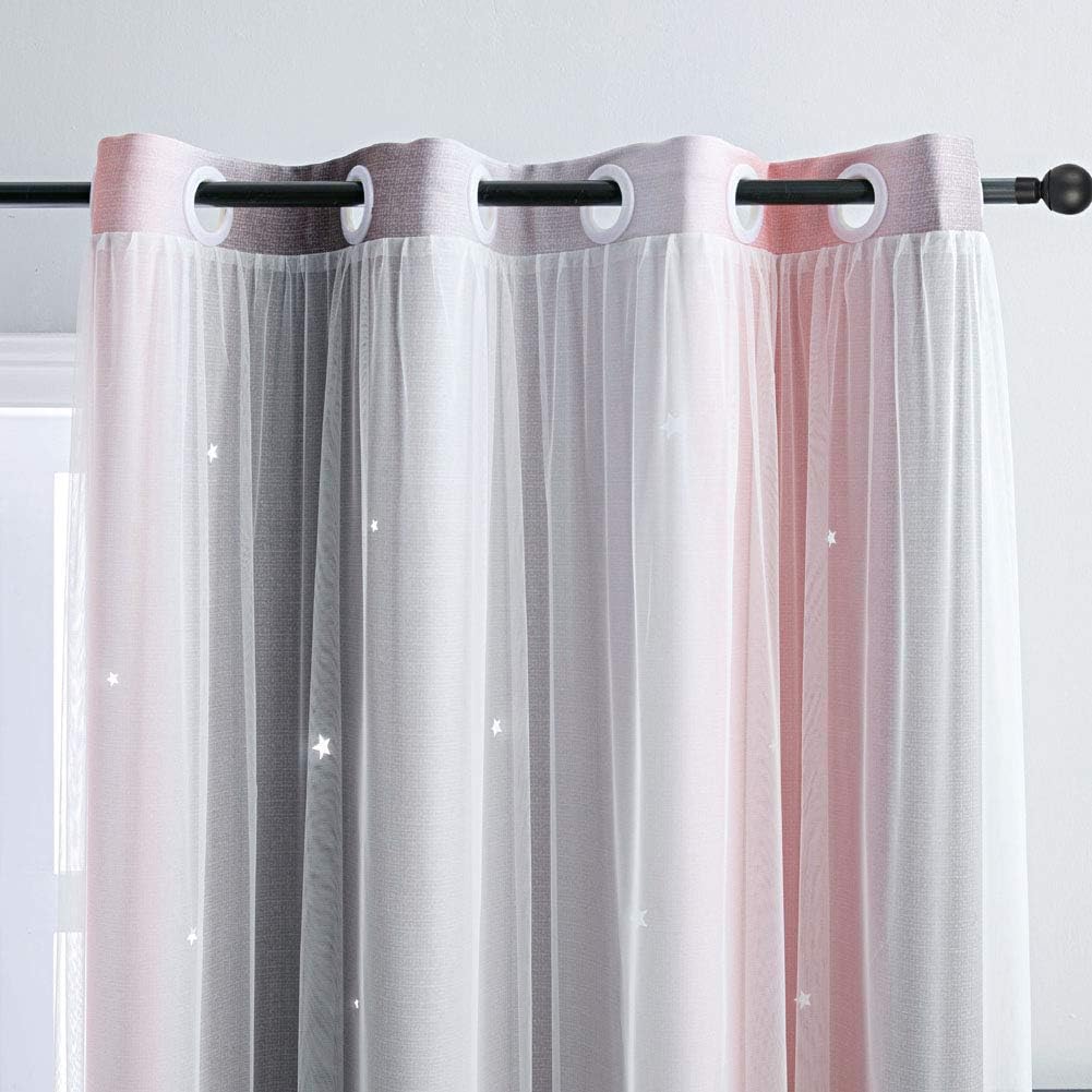 FANLI Ombre Rainbow Blackout Curtains for Kid Girls Bedroom Living Room Darking Stripe Double Layer Star Cut Out Wall Home Decor Gradient Grommet Window Curtains (Pink/Grey, 52W x 95L)