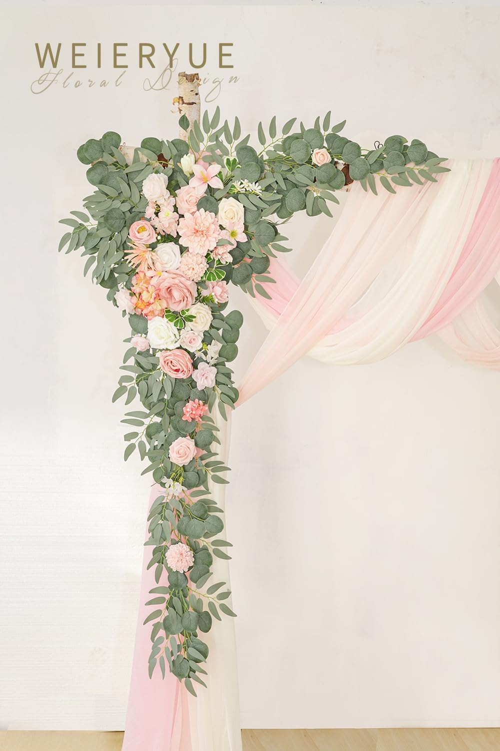 Deluxe Pink Artificial Wedding Arch Flowers with Drapes Kit-Pack of 5, 2pcs Flower Arrangements 3pcs Hanging Sheer Drapes Blue Ceremony Arbor Reception Backdrop Rose Floral Decorations.