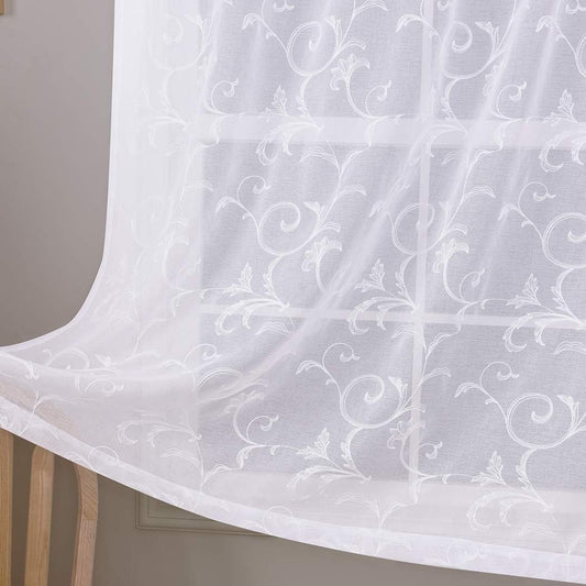 Floral Embroidery Sheer Curtains White 45 Inch Length, Vintage Rod Pocket Voile Drapes for Living room, Bedroom, Window Treatments Semi Crinkle Curtain Panels for Villa, Parlor, Set of 2, 52"x 45".