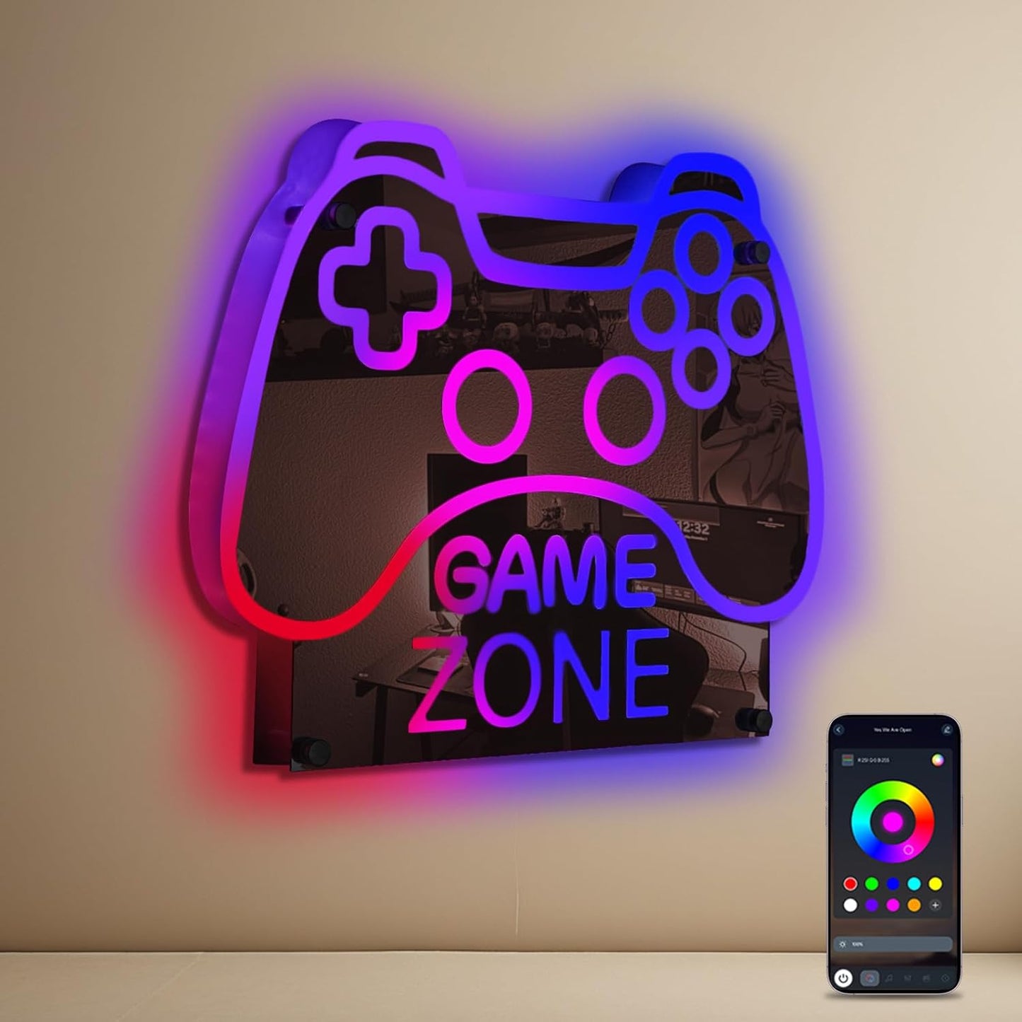 ineonlife Game Zone Controller Neon Sign Mirrored Colorful LED Lights for Gaming Room Decor Light Up Signs for Teen Boy Bedroom Decoration Best Gift for Kids 11.42 x 14.17 inches USB Powerd