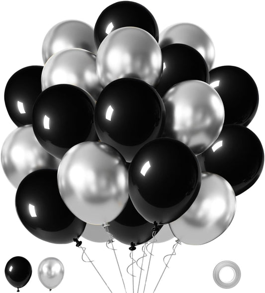 Black and Silver Balloons,65PCS 12 Inch Metallic Chrome Silver and Black Latex Balloons for Birthday Graduation Anniversary Party Decorations