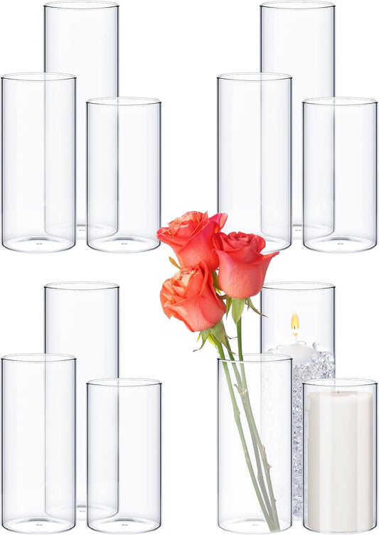 12 Pcs Thin Glass Cylinder Vases 2.5''/3.3'' Diameter 2mm Wall Thickness Clear Flowers Vase Hurricane Floating Candles Holders for Table Centerpieces Wedding Decor (3.3'' X 5.9'',7.9'',9.8'')