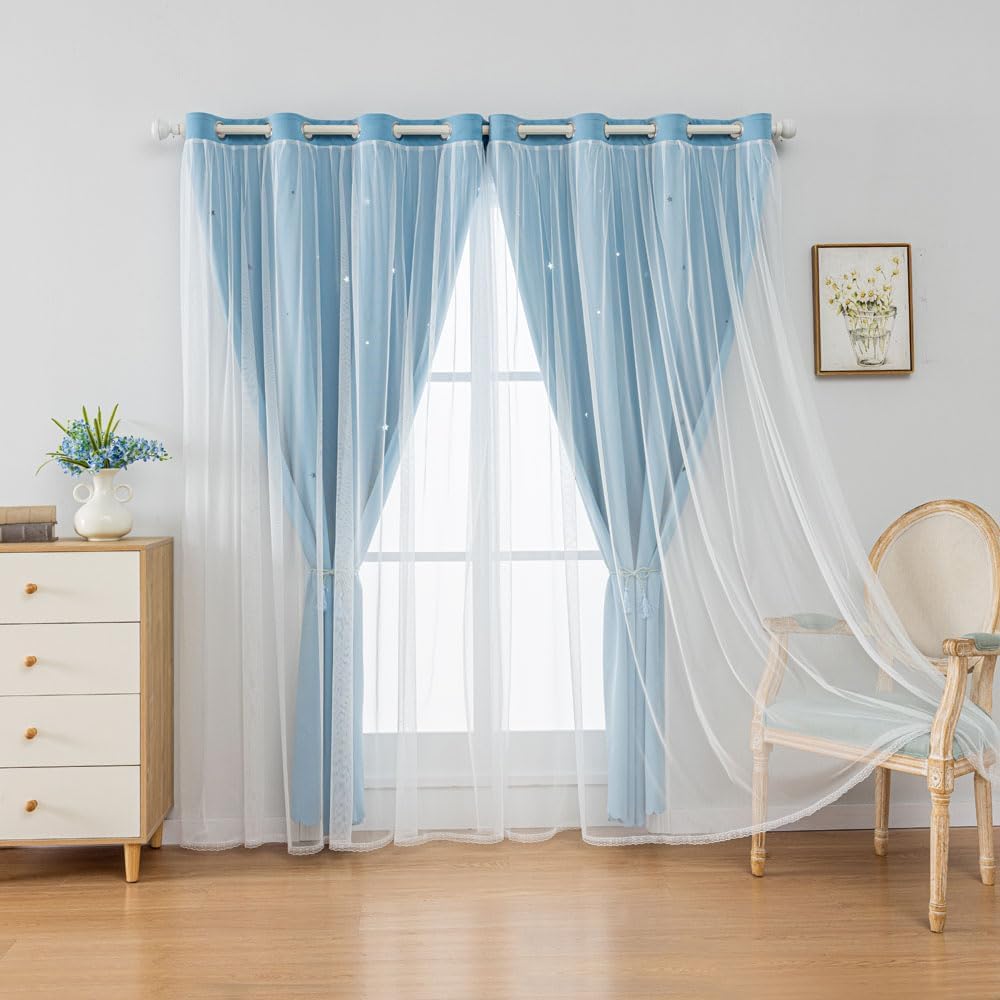 FANLI 2 Panels Star Blackout Curtains for Kid Girls Bedroom Living Room Darking Stripe Double Layer Star Cut Out Wall Home Decor Gradient Grommet Window Curtains (Blue 72L)