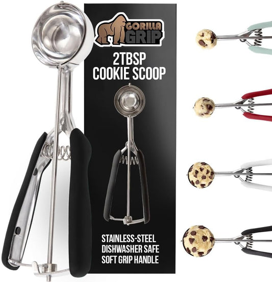 GORILLA GRIP Stainless Steel Cookie Scoop for Baking, 2 TBSP, Multipurpose Melon Baller, Meatball Spring Scoops, Perfect Portion Sizes, Easy Food Release, Scooper Size 40, BPA-Free Kitchen Tool, Black