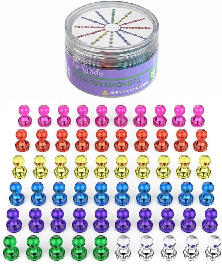 Push Pin Magnets - Tiergrade 600 Pack 7 Assorted Color Strong, Office, Use at Kitchen Home and School Classroom, for Refrigerator Dry Erase Board and Whiteboard.