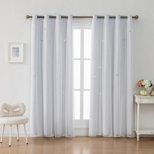 Ombre Rainbow Blackout Curtains for Kid Girls Bedroom Living Room Darking Stripe Double Layer Star Cut Out Wall Home Decor Gradient Grommet Window Curtains (Greywish White 63)