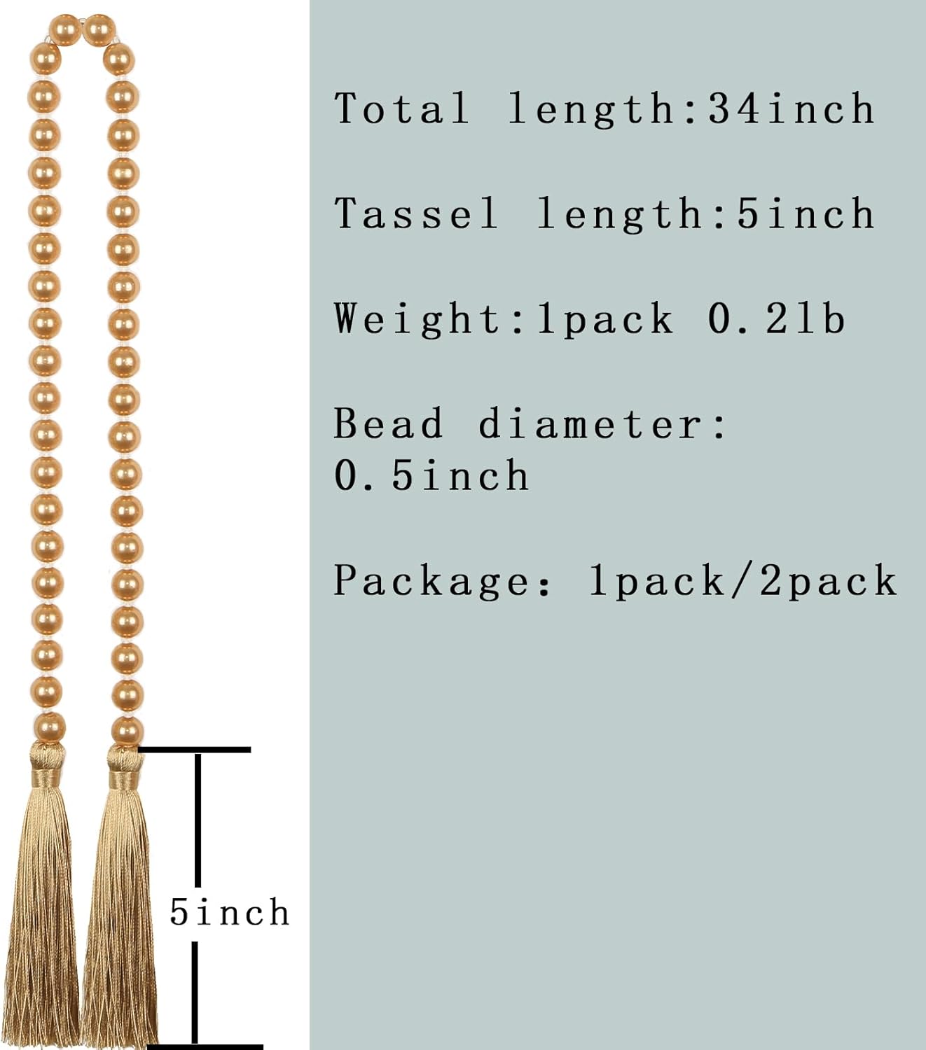 Fenghuangwu 34 Inch Pearl Glass Bead Garland with Tassels - Elegant Boho Table Decor, Fringe Wall Hanging for Wedding, Party, Farmhouse Rustic Prayer Bead Home Decoration(1 Pack,Gold)