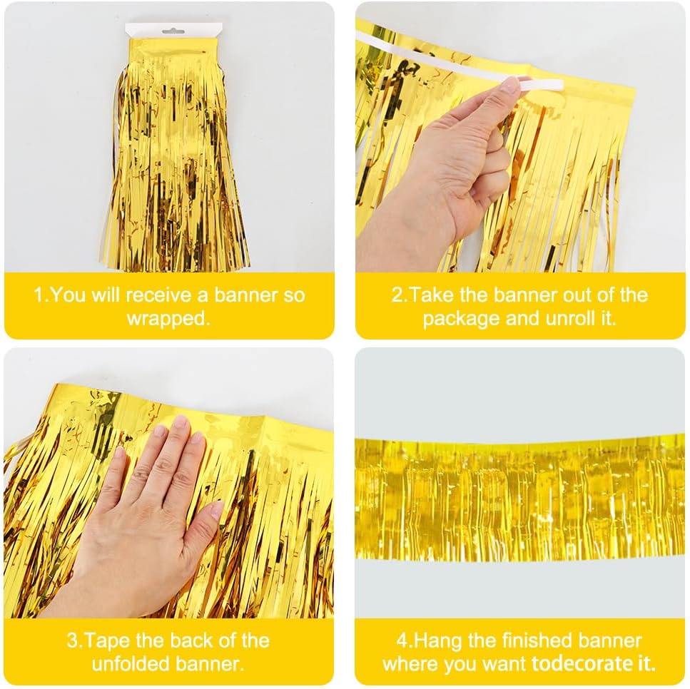 BEISHIDA 3 Packs 30 Feet Metallic Foil Fringe Garland Tinsel Streamers，Shiny Gold Wall Hanging Tinsel Fringe Banners for Wedding Birthday Party Decoration Halloween Christmas New Year