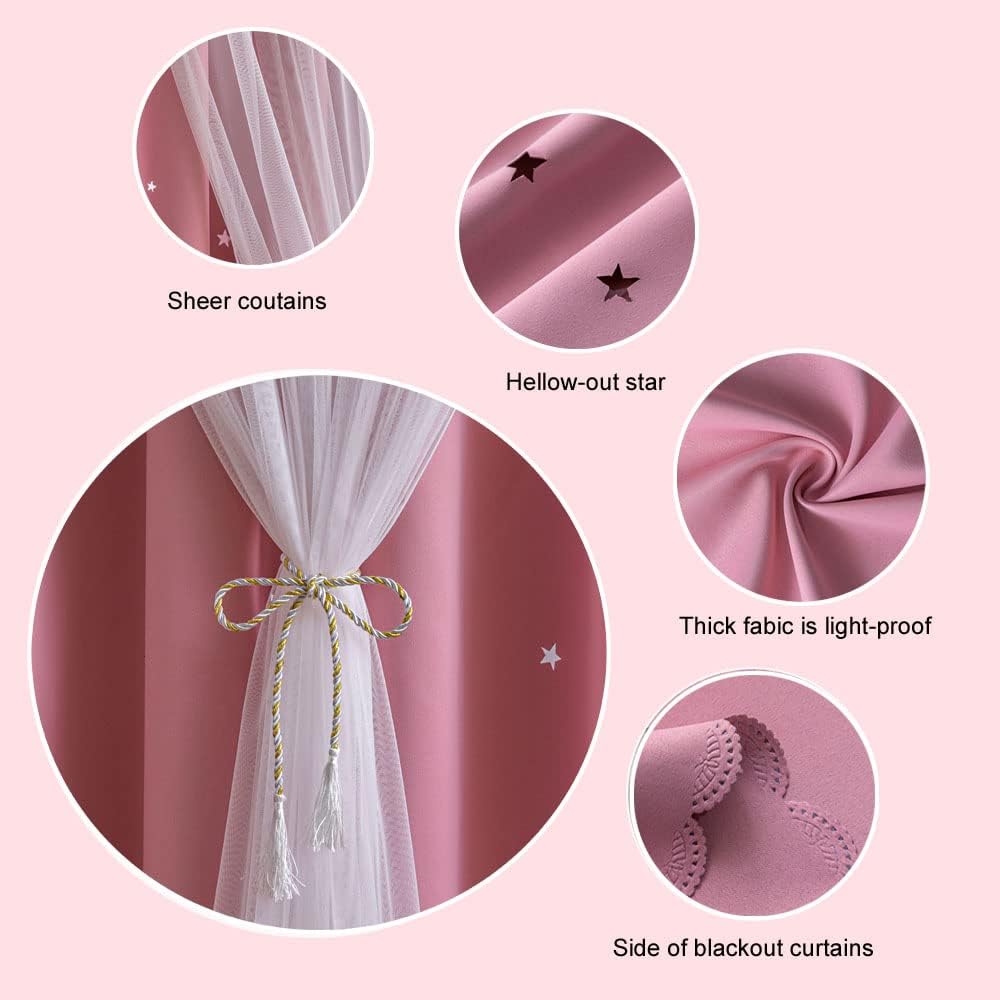 FANLI 2 Panels Star Blackout Curtains for Kid Girls Bedroom Living Room Darking Stripe Double Layer Star Cut Out Wall Home Decor Gradient Grommet Window Curtains (Pink 72L)