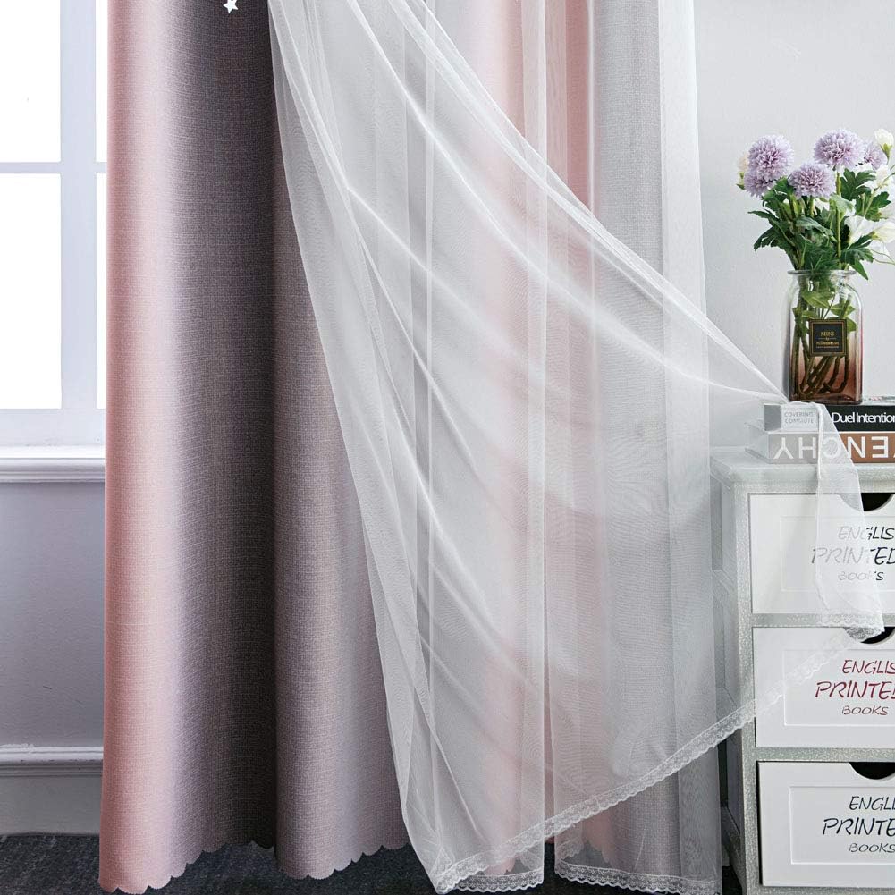 FANLI Ombre Rainbow Blackout Curtains for Kid Girls Bedroom Living Room Darking Stripe Double Layer Star Cut Out Wall Home Decor Gradient Grommet Window Curtains (Pink/Grey, 52W x 95L)
