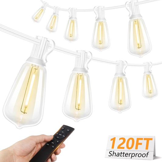Brightever 120FT LED Outdoor String Lights with Remote, Patio Lights Outdoor Waterproof with 38 Shatterproof Edison Bulbs, Dimmable Outside Hanging Light for Birthday, Party, Christmas Decor, White